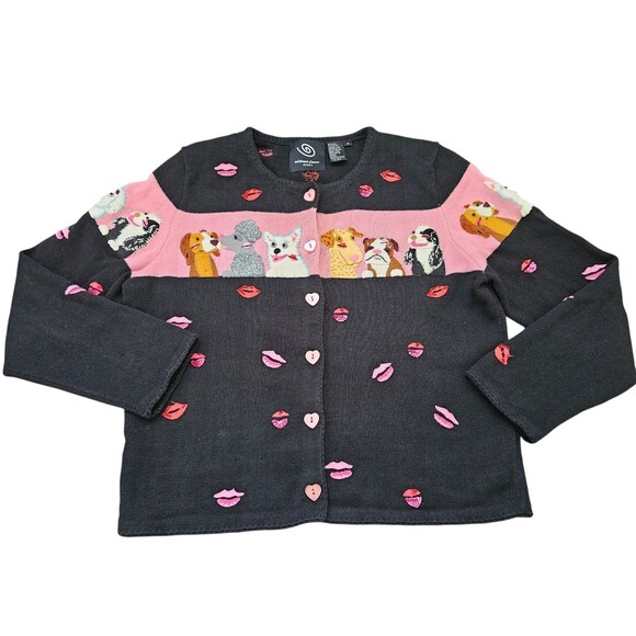 Michael Simon M Cardigan Dog Sweater Kiss Lips Embroidered Beaded Black Pink - Picture 1 of 16